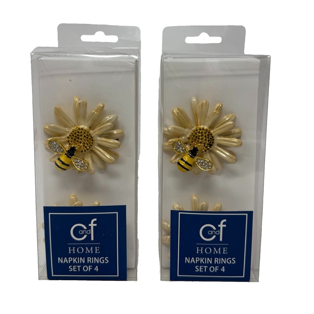 Bee Floral Style, Gold, Daisy Flower Napkin Rings Set of 8 New